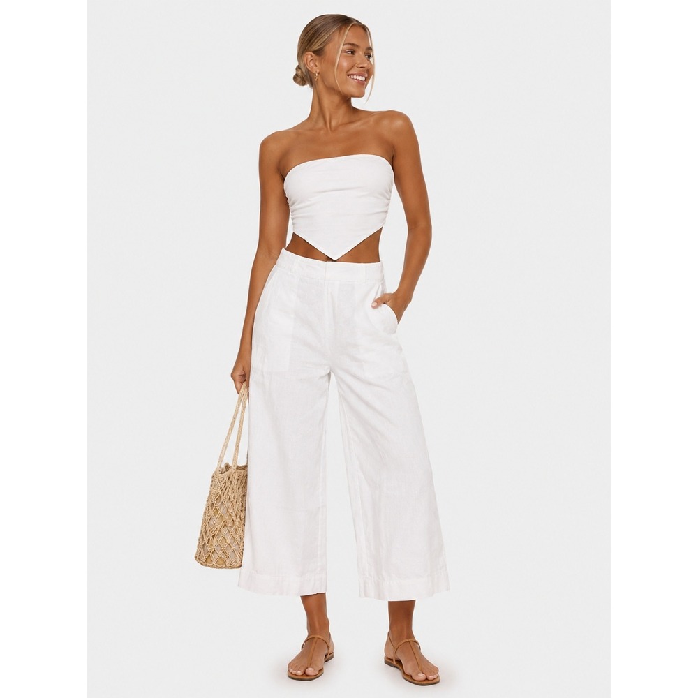 Halston White Linen Blend Wide Leg Cropped Elastic Back Pants XS